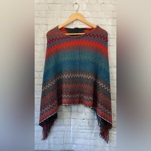 Womens One Size Fits Most Over Head Knitted Poncho Shaw with Back Fringe Tassels
